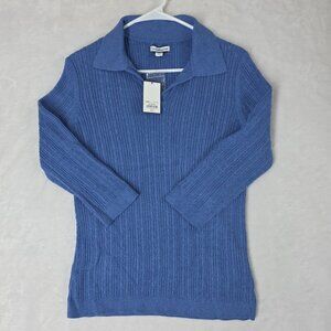 Croft And Barrow Misses Cable Knit V Neck Collard Sweater Half Sleeve M Blue NWT
